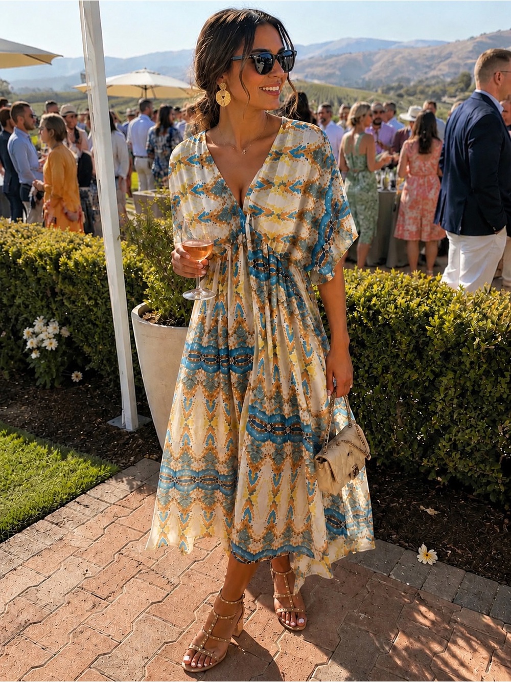 Printed V‑Neck Midi Dress in Blue and Cream